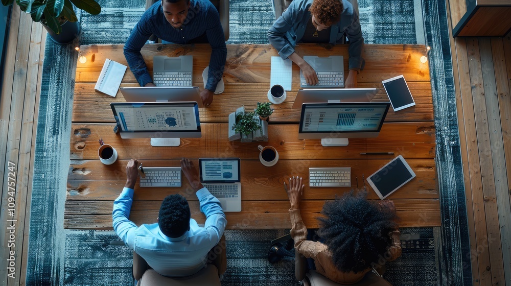 Aufkleber an overhead view of a collaborative office workspace, showing four diverse professionals seated arou