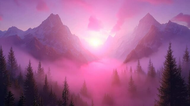 A mountain range with a purple sky and foggy trees. The mountains are covered in snow and the sky is a deep purple