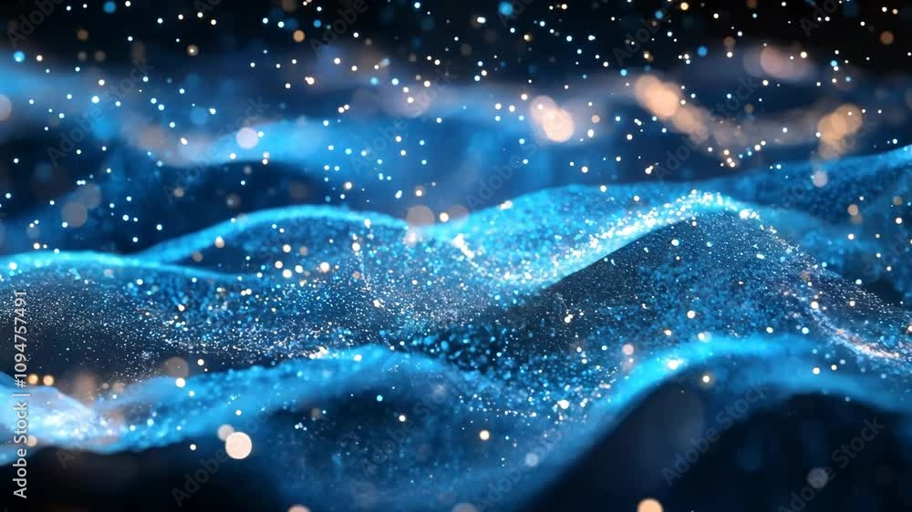 Poster a blue wave with a lot of sparkles in it. the sparkles are scattered all over the wave, giving it a 