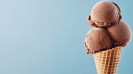 Three generous scoops of smooth chocolate ice cream are stacked atop a crispy waffle cone, set against a bright blue sky on a sunny summer day, inviting indulgence and pleasure.