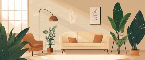 Sunlit Living Room with Beige Sofa and Plants