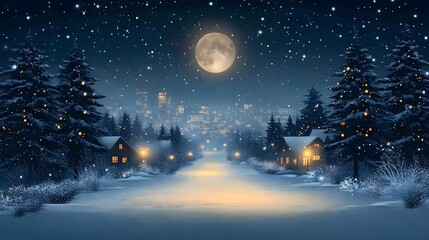 Naklejka premium Snowy village with decorated homes and pine trees, faint city buildings glowing in the background, full moon lighting up the night, vibrant vector illustration