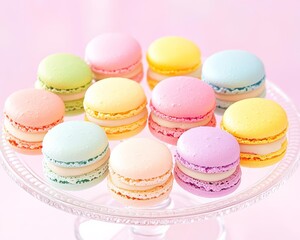 Fototapeta premium Assorted colorful macarons neatly arranged on a glass plate, pastel tones, bright and modern bakery display, chic and elegant style