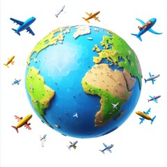 A globe with many airplanes flying around it