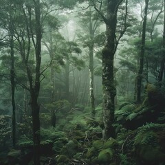 Obraz premium A pristine, untouched rainforest with dense, lush trees and vibrant foliage. Sunlight filters through the canopy, casting dappled light on the rich, vibrant ecosystem below.