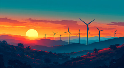 A vibrant sunset over rolling hills with silhouetted wind turbines, symbolizing renewable energy and the beauty of nature.