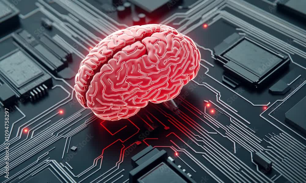 Poster exploring the fusion of artificial intelligence and human cognition in a digital landscape