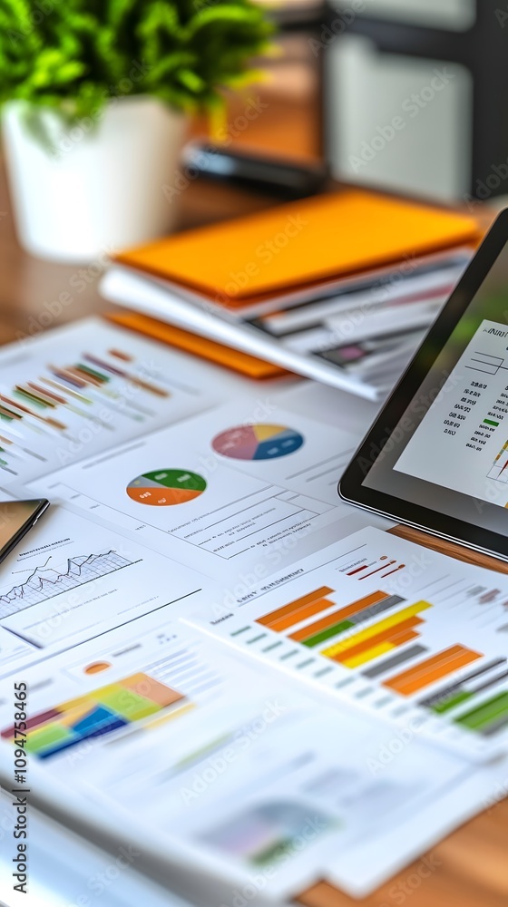 Poster a workspace featuring charts, graphs, and reports for data analysis and business planning.