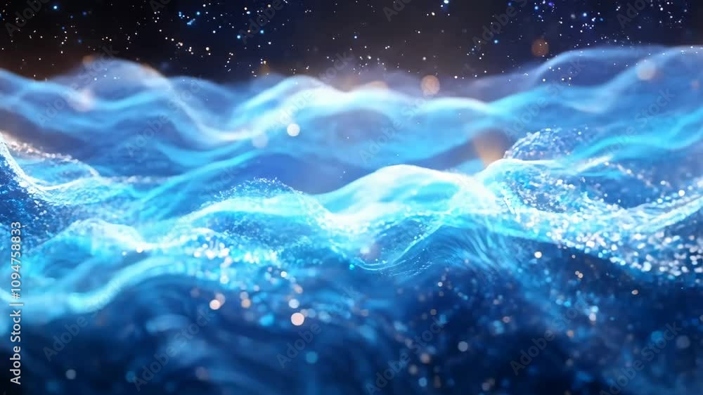 Poster the image is a blue and orange wave with a lot of sparkles. the blue color is dominant and the orang