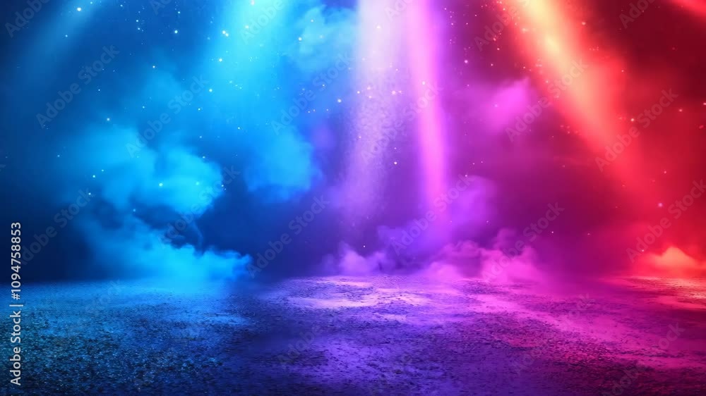 Poster a colorful, starry background with a red, blue, and purple light shining on it. the light is creatin