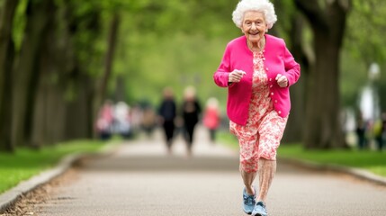 Obraz premium Elderly woman joyfully jogging in a vibrant park setting, AI