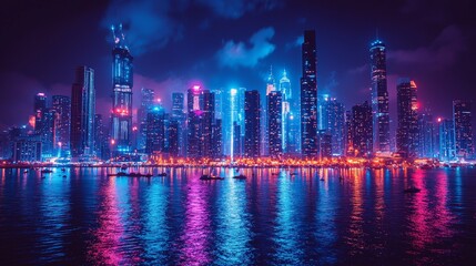 Obraz premium Vibrant city skyline at night with colorful lights and reflections