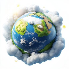 A cartoonish representation of the Earth with clouds and a sun