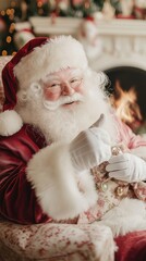 Obraz premium Santa Claus giving a thumbs-up in a cozy, festive setting by the fireplace, AI