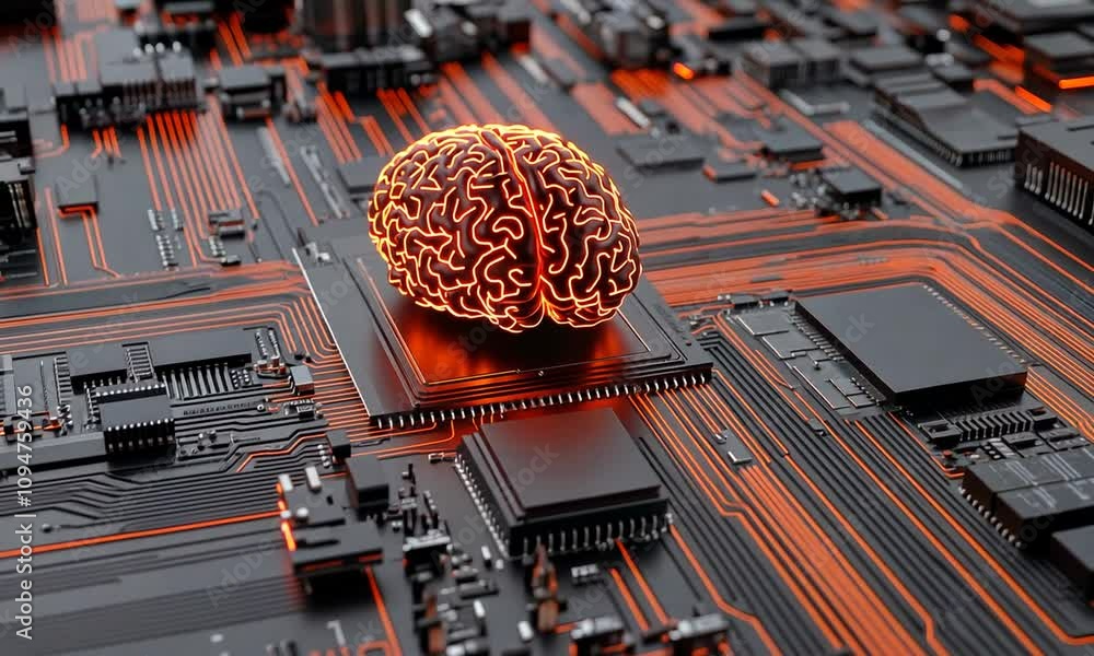 Poster exploring the intersection of technology and human thought through a digital brain on a circuit boar