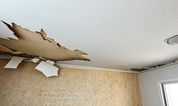 Damage revealed above as plaster crumbles away, exposing hidden issues in a neglected ceiling