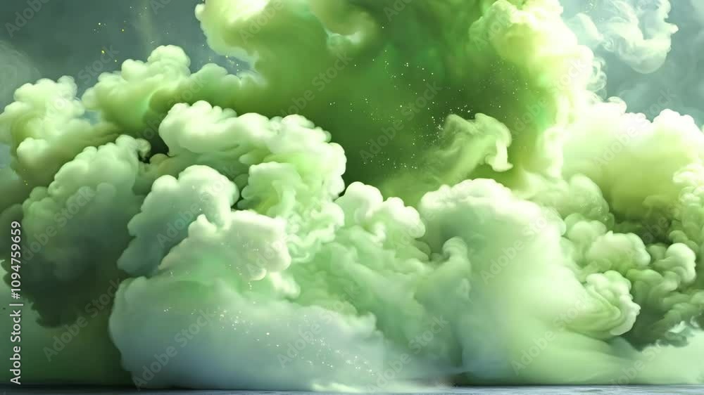 Poster a large green cloud of smoke is billowing out of a volcano. the smoke is thick and dense, creating a