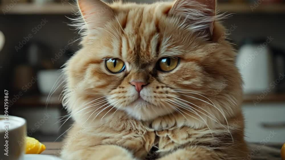 Poster a cat is sitting on a table with a cup of coffee and a lemon. the cat appears to be angry and is sta