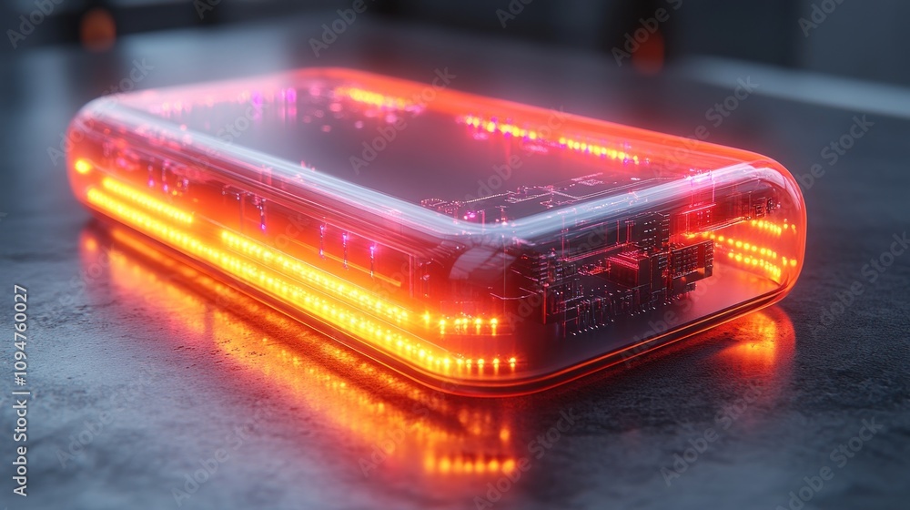 Poster futuristic transparent device with glowing circuits