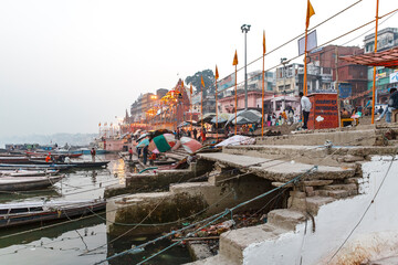 View at the ghats and boats and temples in Benares, Varanasi, Uttar Pradesh, India, Asia