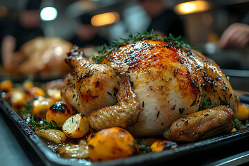 A blurred kitchen brigade is in the background with a cooked turkey in the foreground