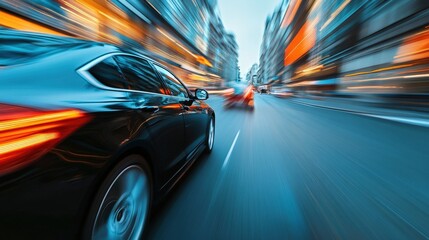 Fototapeta premium Black Car Speeding Through City Streets At Night