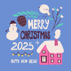 Christmas card. Vector set of Christmas and winter elements. Hand drawn objects for your design.