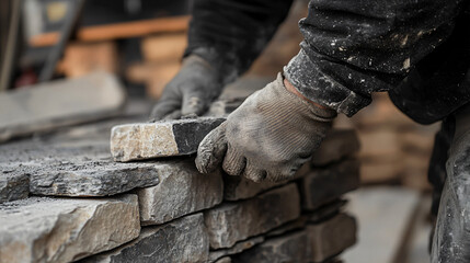 Bricklayer crafting a custom stone fireplace with a rugged texture.