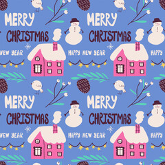 Christmas seamless pattern. Endless ornament with winter house, snowman and other winter elements on blue background.