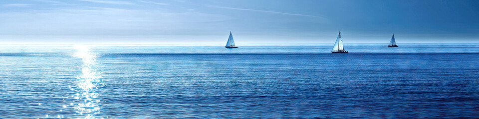 Obraz premium Seaside Serenity: A serene scene of a calm, blue ocean with white sails dotting the horizon.