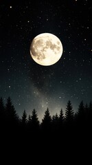 Full moon illuminating a starry night sky above a forest silhouette, AI