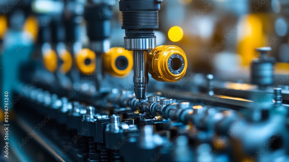 Poster close-up of a robotic arm attaching a screw to a metal component on an assembly line