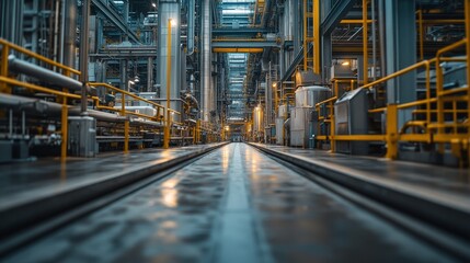 Fototapeta premium Industrial Complex Interior with Pipes and Catwalks