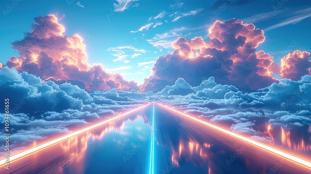 Poster A high-tech track with neon lines and futuristic technological elements, set against the backdrop of a clear blue sky with white clouds. The background is uncluttered.