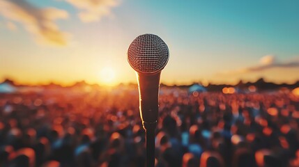 A close-up of a vocalist gripping a microphone while singing in front of a massive outdoor festival crowd