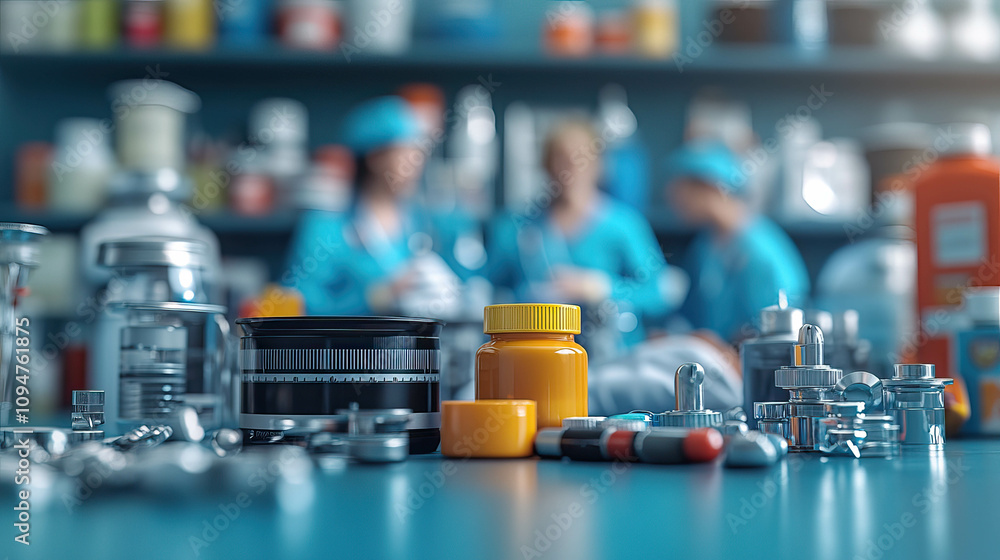 Poster a row of colorful pills on a shelf. the pills are in different colors and shapes. concept of variety