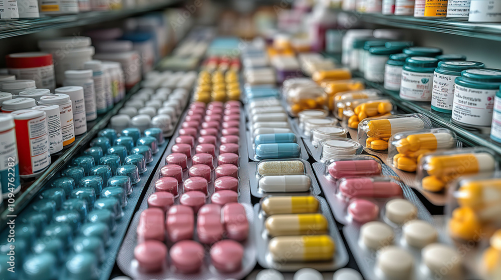 Poster a row of colorful pills on a shelf. the pills are in different colors and shapes. concept of variety