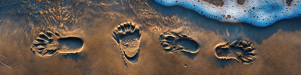 Obraz premium Footprints in the Wet Sand: A set of distinct footprints leading towards the waves, suggesting a recently enjoyed walk along the shore.