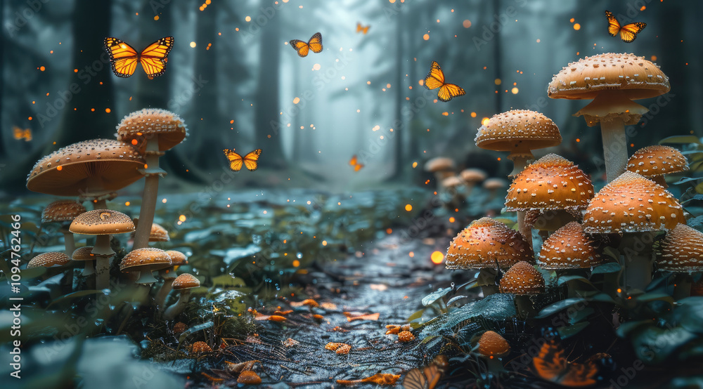 Poster a path with mushrooms and butterflies.
