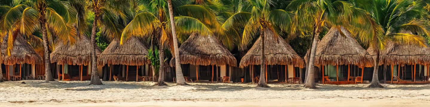 Beachside Palapas in the Afternoon: A row of thatched roof huts, providing shade for beachgoers as they relax and enjoy their day at the seaside.