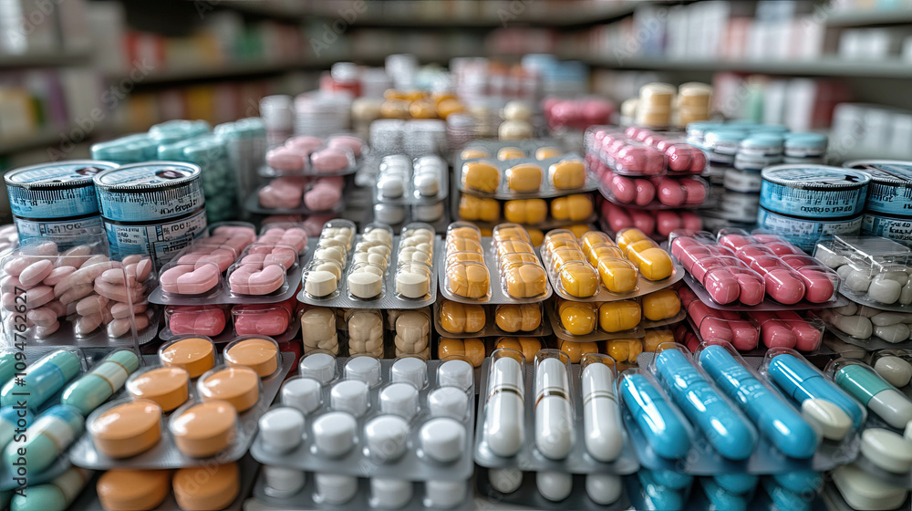 Poster a row of colorful pills on a shelf. the pills are in different colors and shapes. concept of variety