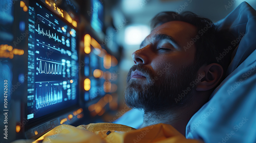 Poster a man is sleeping in a hospital bed with a monitor displaying his heart rate. concept of vulnerabili