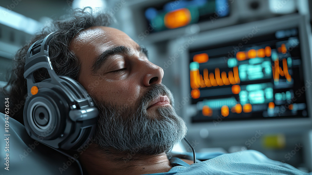 Poster a man is sleeping in a hospital bed with a monitor displaying his heart rate. concept of vulnerabili