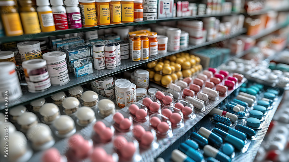 Poster a row of colorful pills on a shelf. the pills are in different colors and shapes. concept of variety