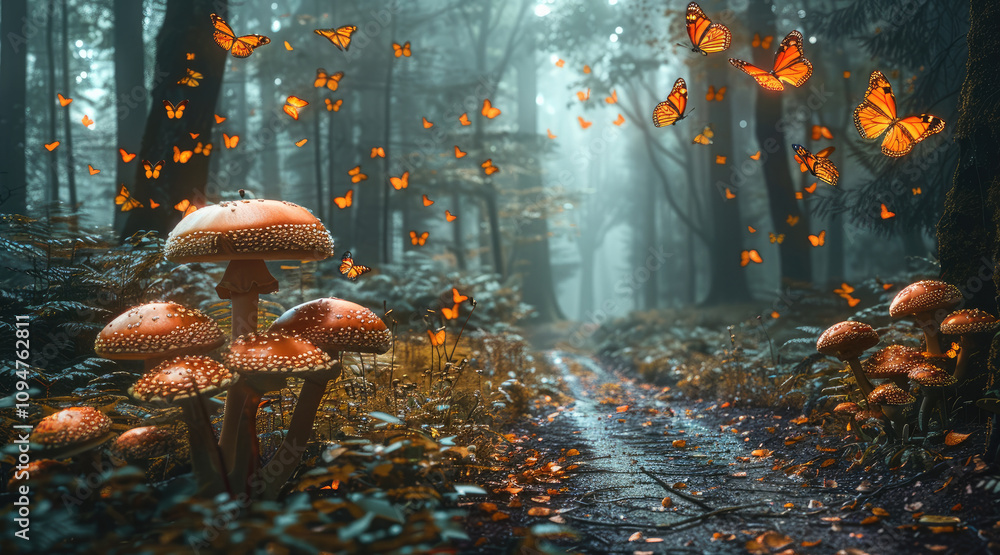 Poster a path with mushrooms and butterflies.