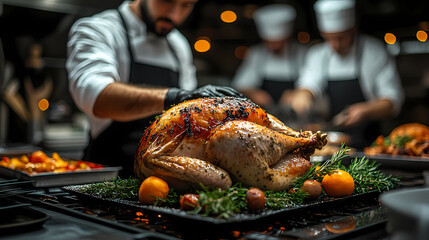 A blurred kitchen brigade is in the background with a cooked turkey in the foreground