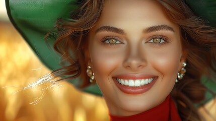 Fototapeta premium An attractive elegant woman with big smiling with natural opalescence teeth with beautiful deep honey eyes and full glossy lips.