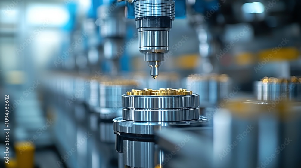 Poster automated assembly line manufacturing process with close-up of a gear component