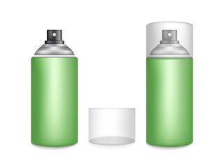 Vector 3d Realistic Aluminum Blank Spray Can, Bottle, Transparent Lid set Isolated. Design Template, Sprayer Can, Mockup, Package, Advertising, Hairspray, Deodorant.