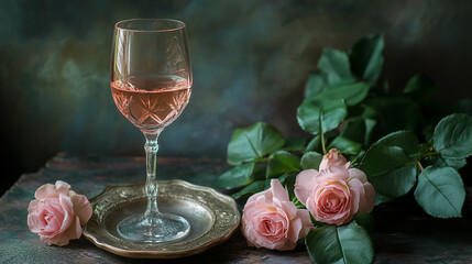 Romantic setting with rose and wine to celebrate Valentine's Day